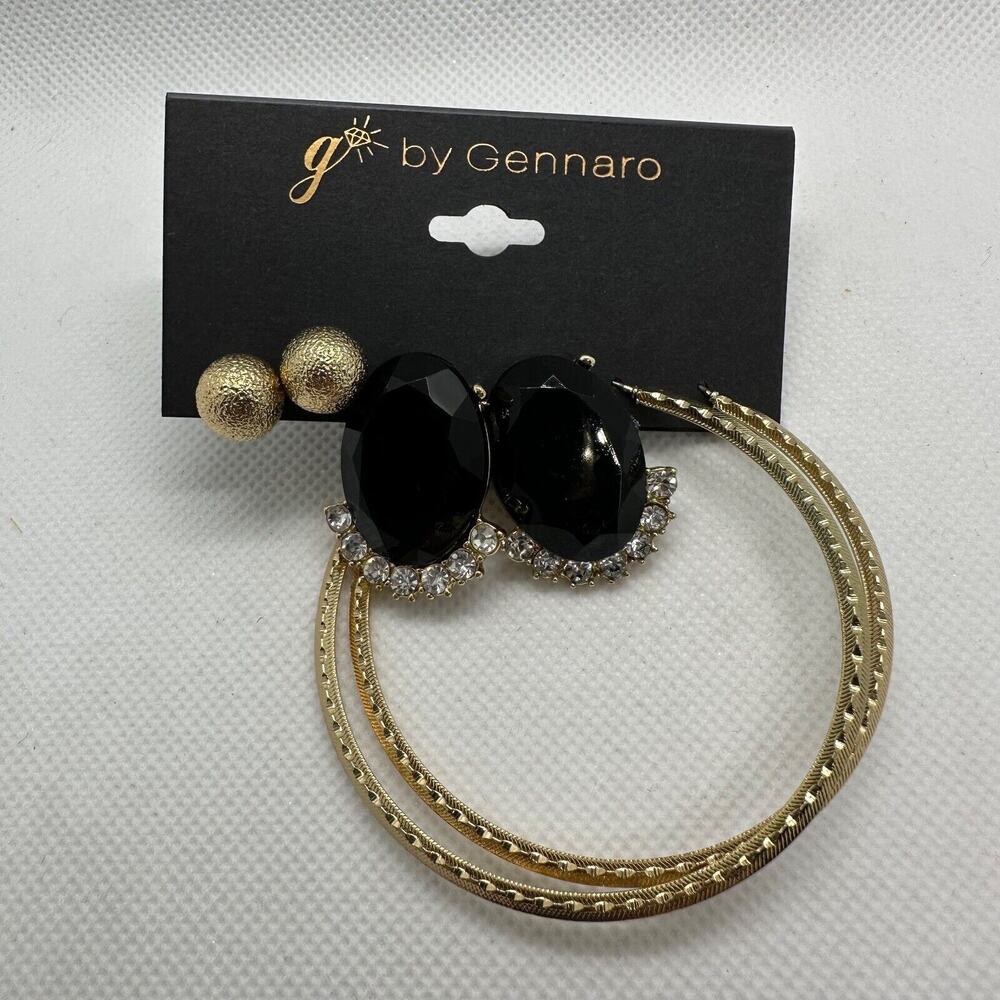 G by Gennaro Lot of Three Earrings Studs Hoops Oval Gold and Black Tone